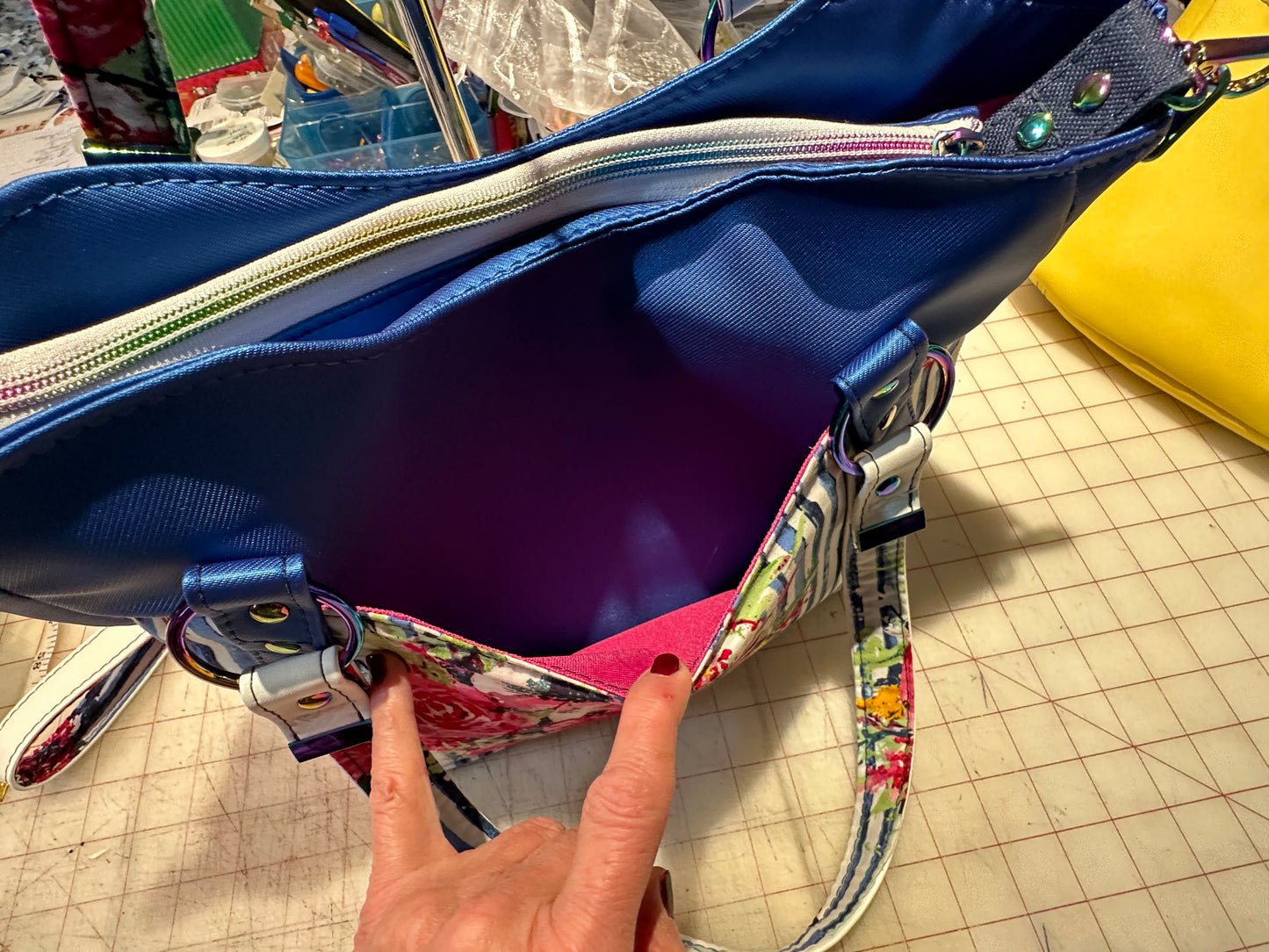 Summer handbag, blue, pink and white