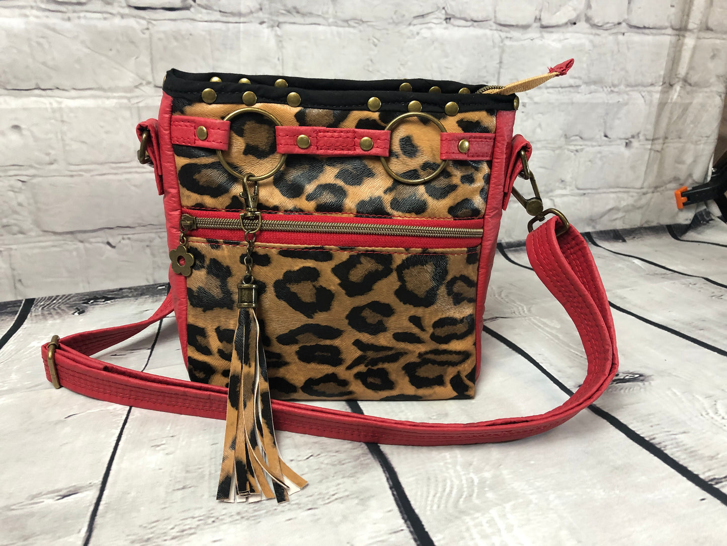 SOLD Red vinyl & animal print shoulder bag