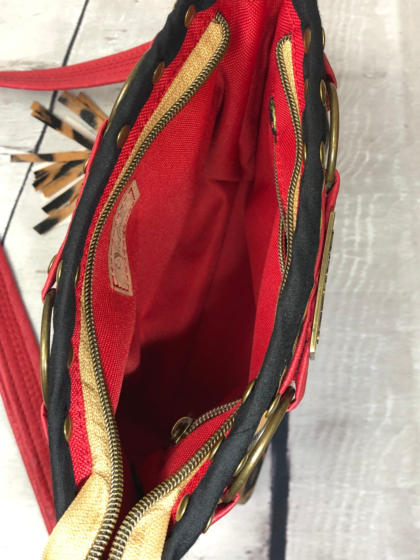 SOLD Red vinyl & animal print shoulder bag