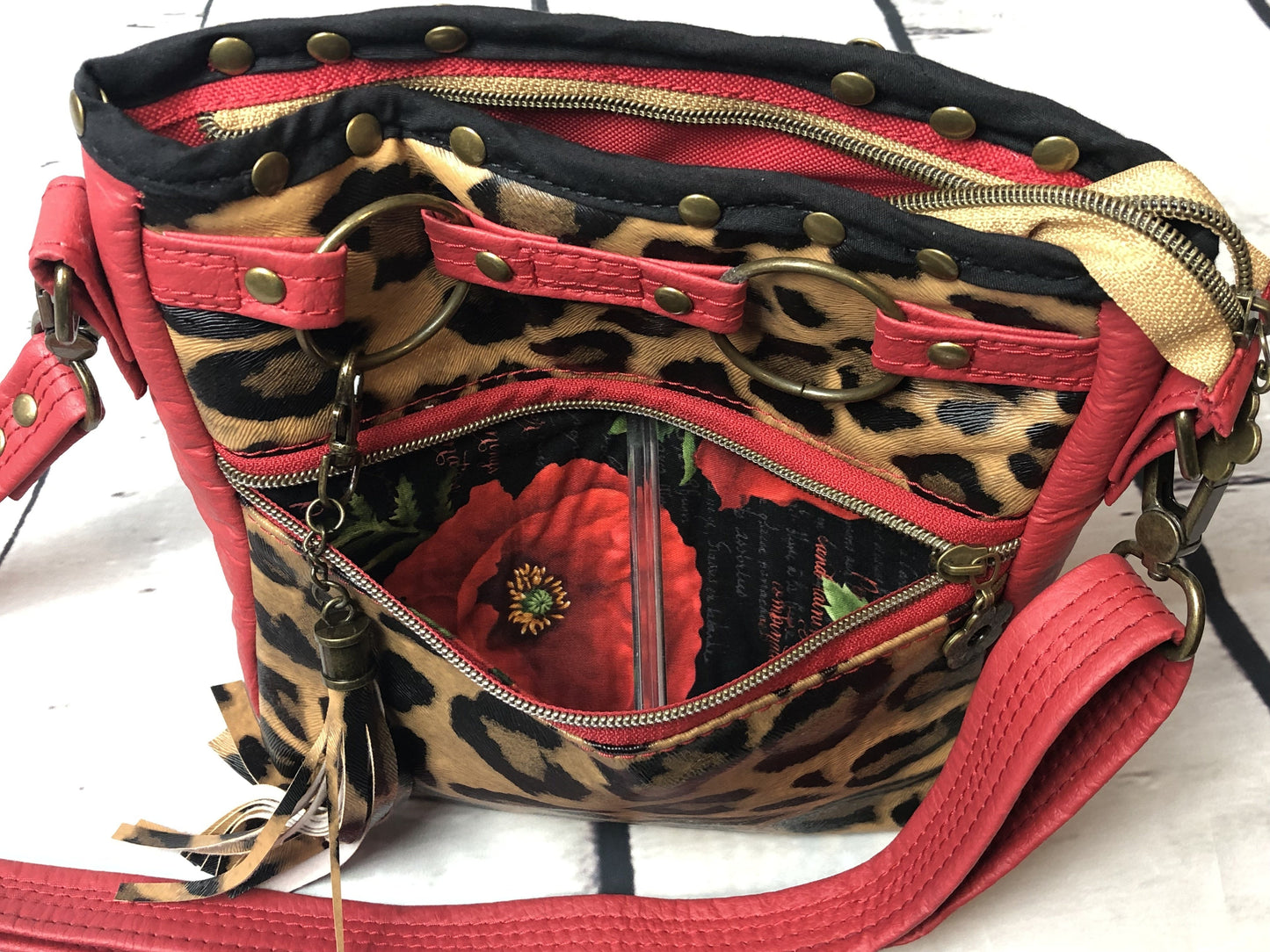 SOLD Red vinyl & animal print shoulder bag