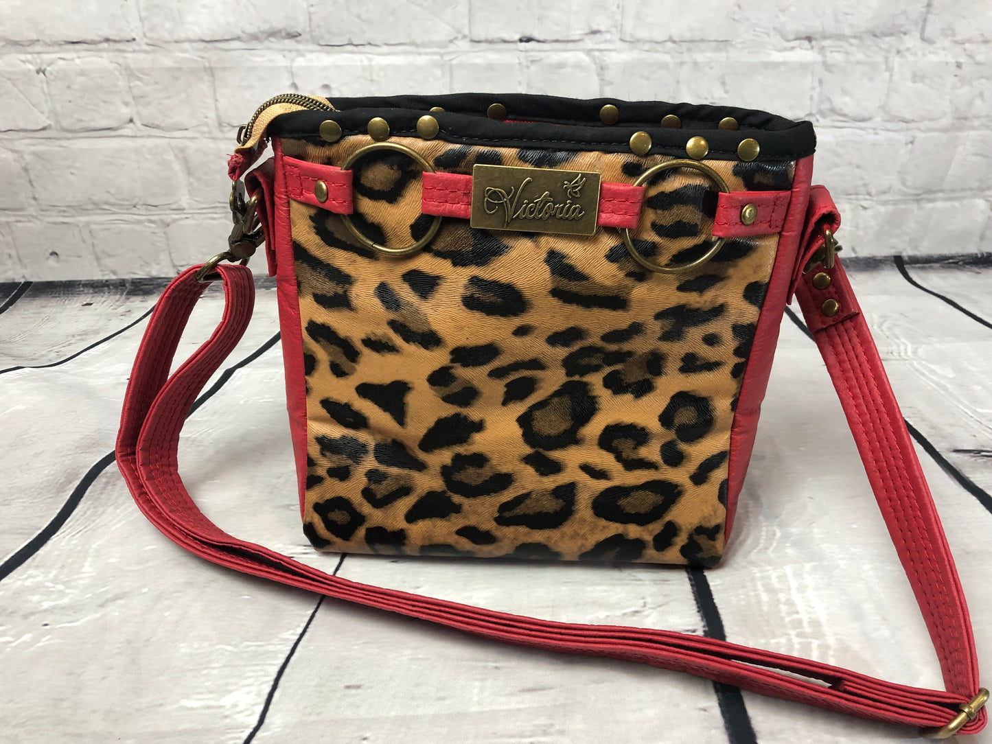 SOLD Red vinyl & animal print shoulder bag