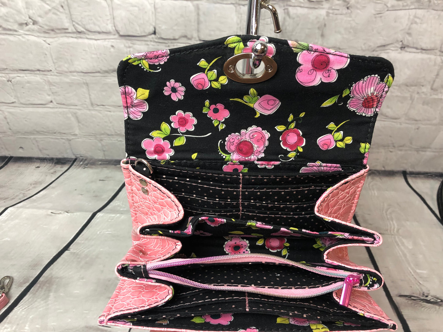 SOLD (discounted) Pink floral crocodile clutch wallet/wristlet