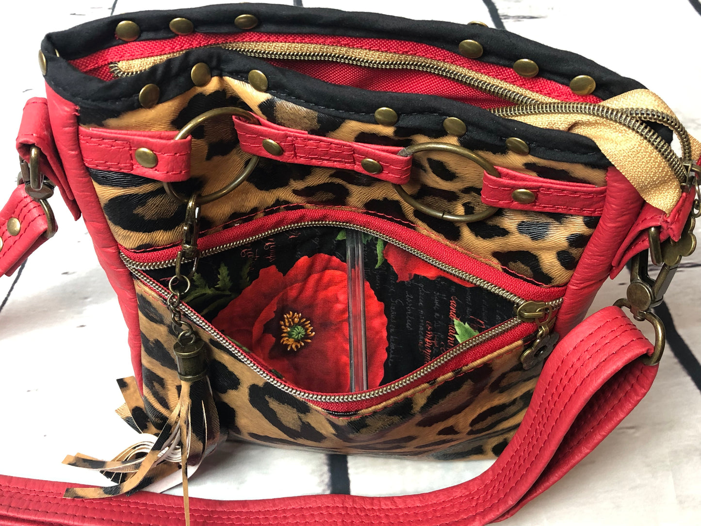 SOLD Red vinyl & animal print shoulder bag