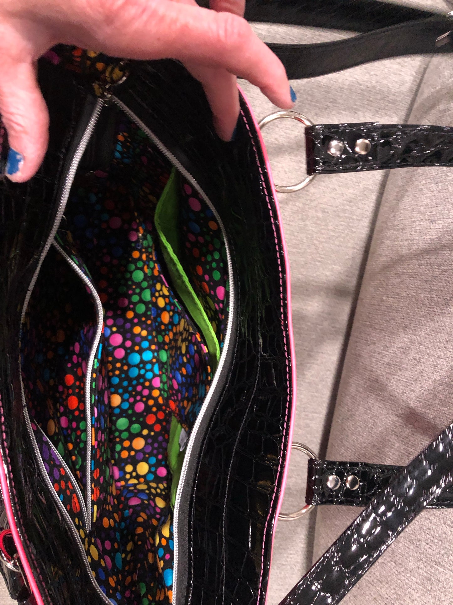 **SOLD** Hot pink tote w/ eye glass loop, ext slip + more