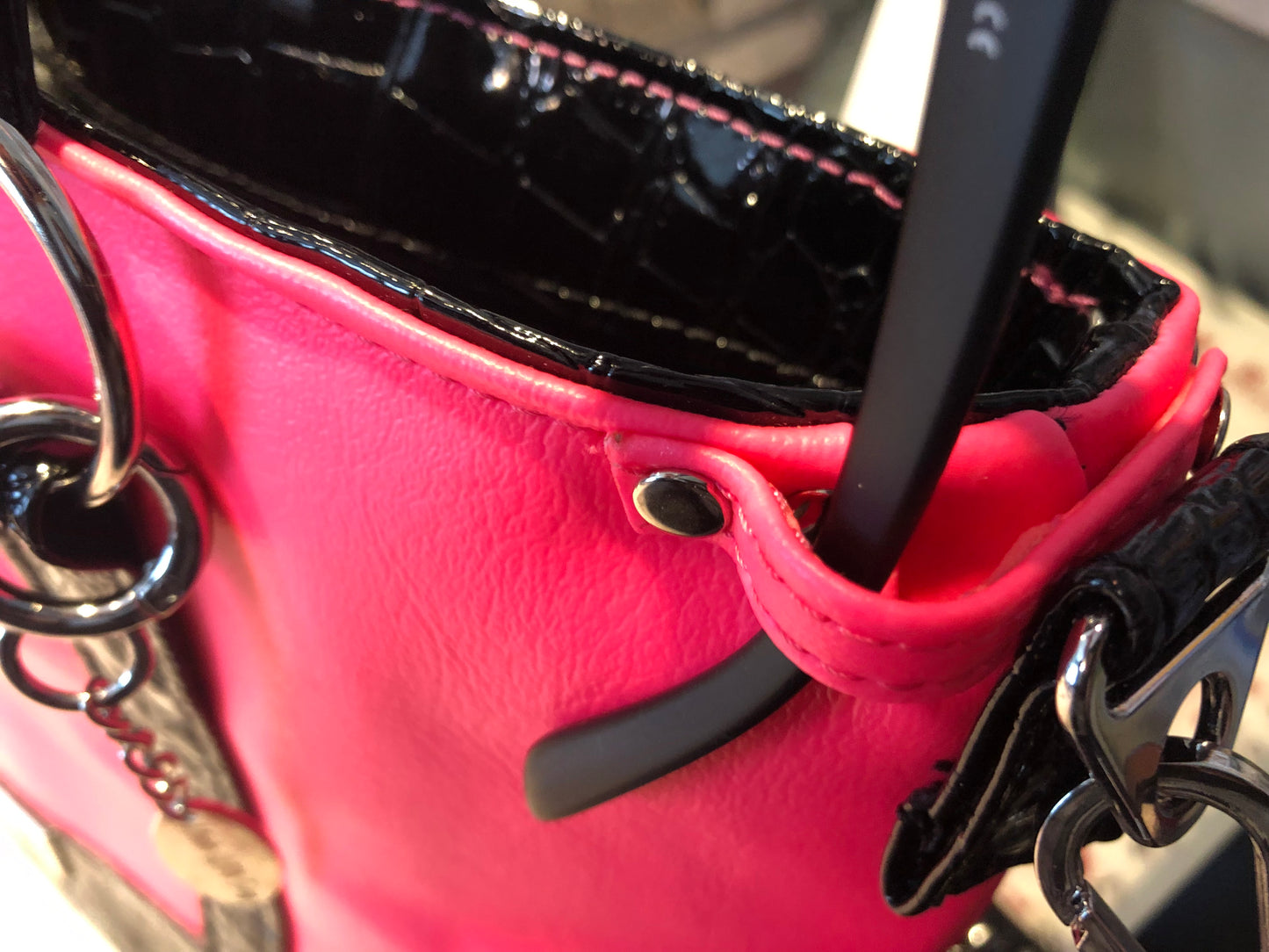**SOLD** Hot pink tote w/ eye glass loop, ext slip + more