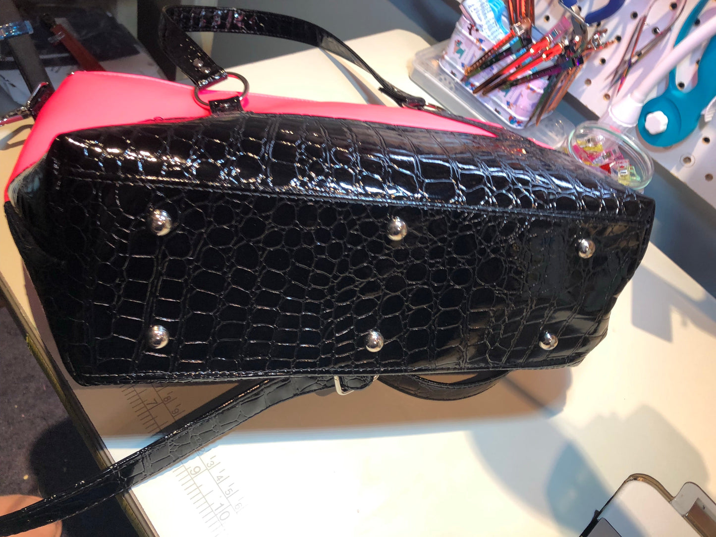 **SOLD** Hot pink tote w/ eye glass loop, ext slip + more