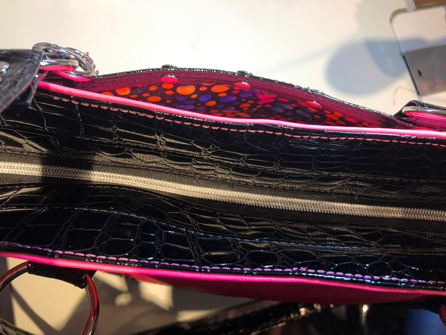 **SOLD** Hot pink tote w/ eye glass loop, ext slip + more