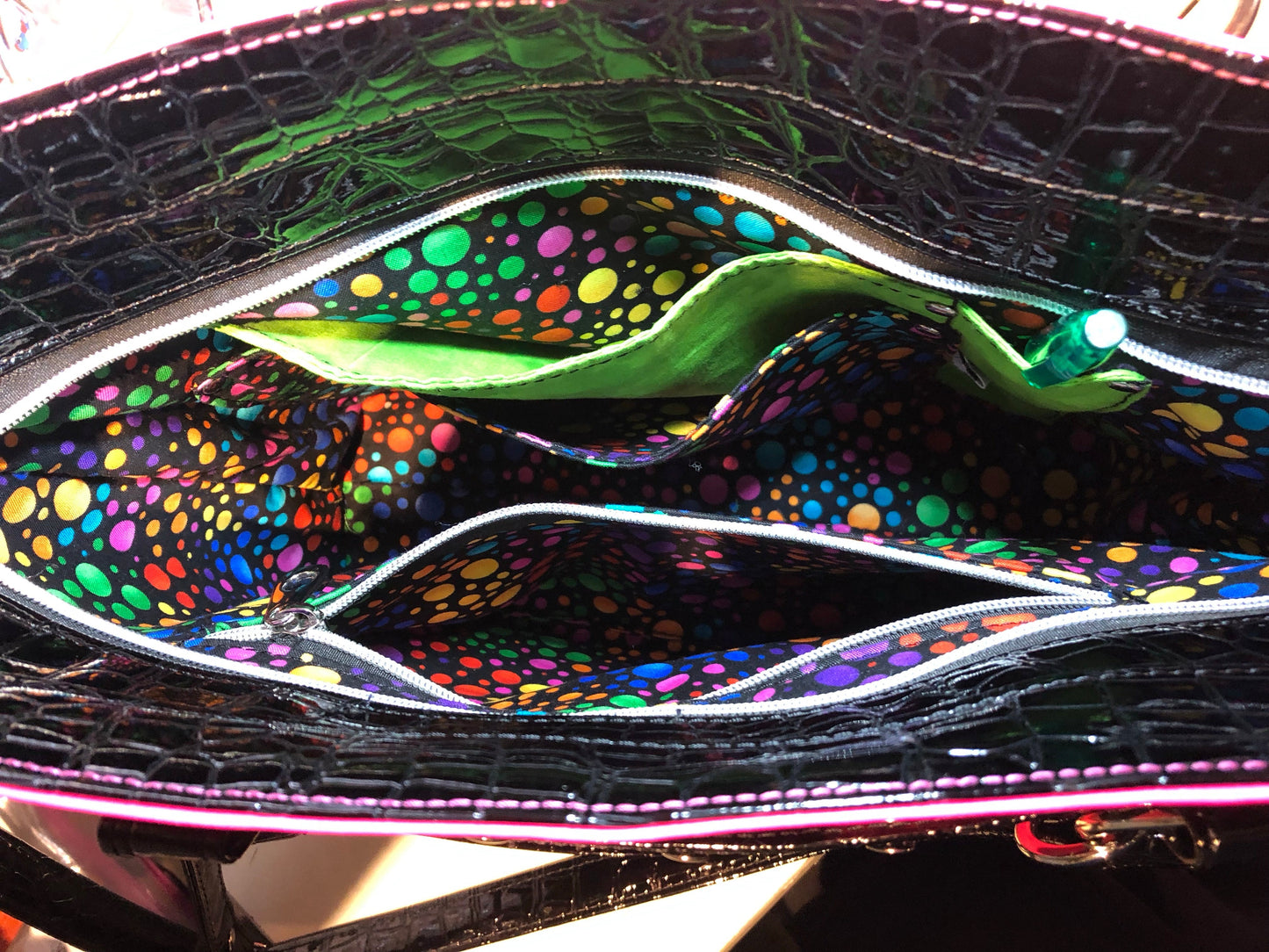 **SOLD** Hot pink tote w/ eye glass loop, ext slip + more