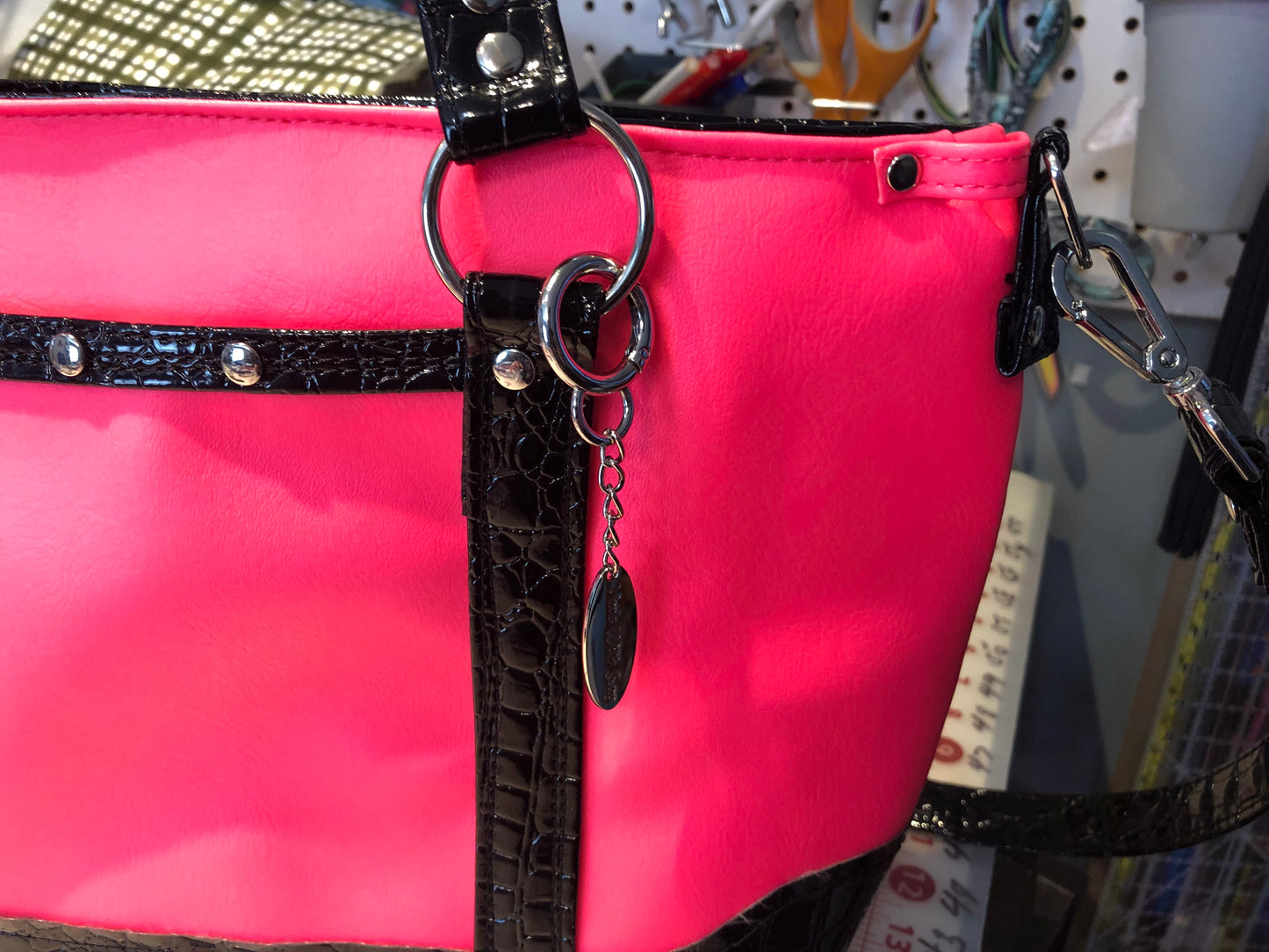 **SOLD** Hot pink tote w/ eye glass loop, ext slip + more