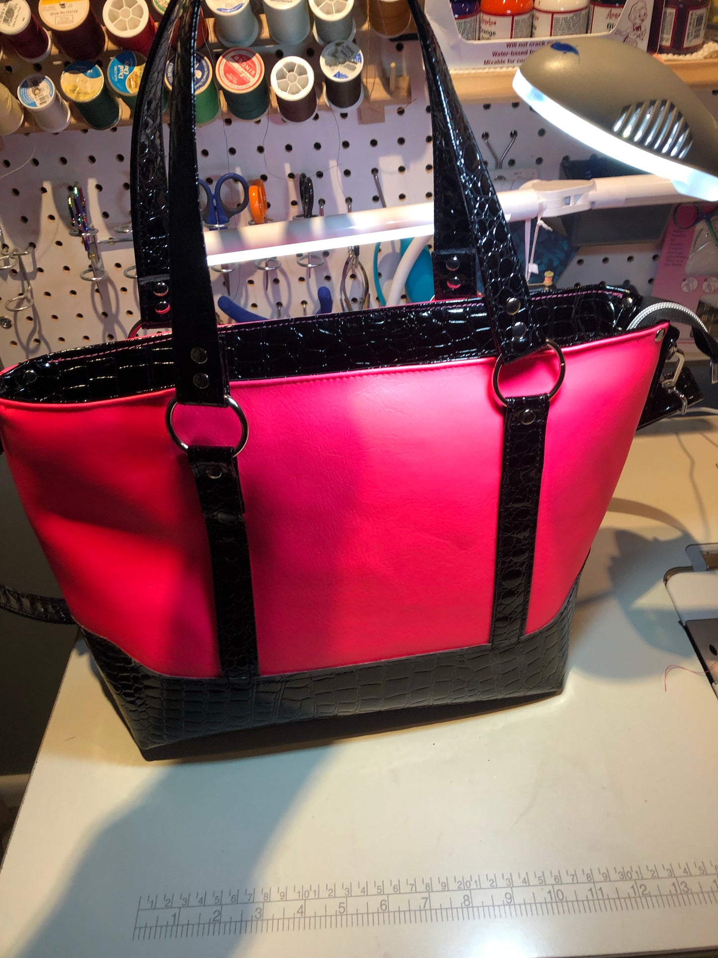 **SOLD** Hot pink tote w/ eye glass loop, ext slip + more