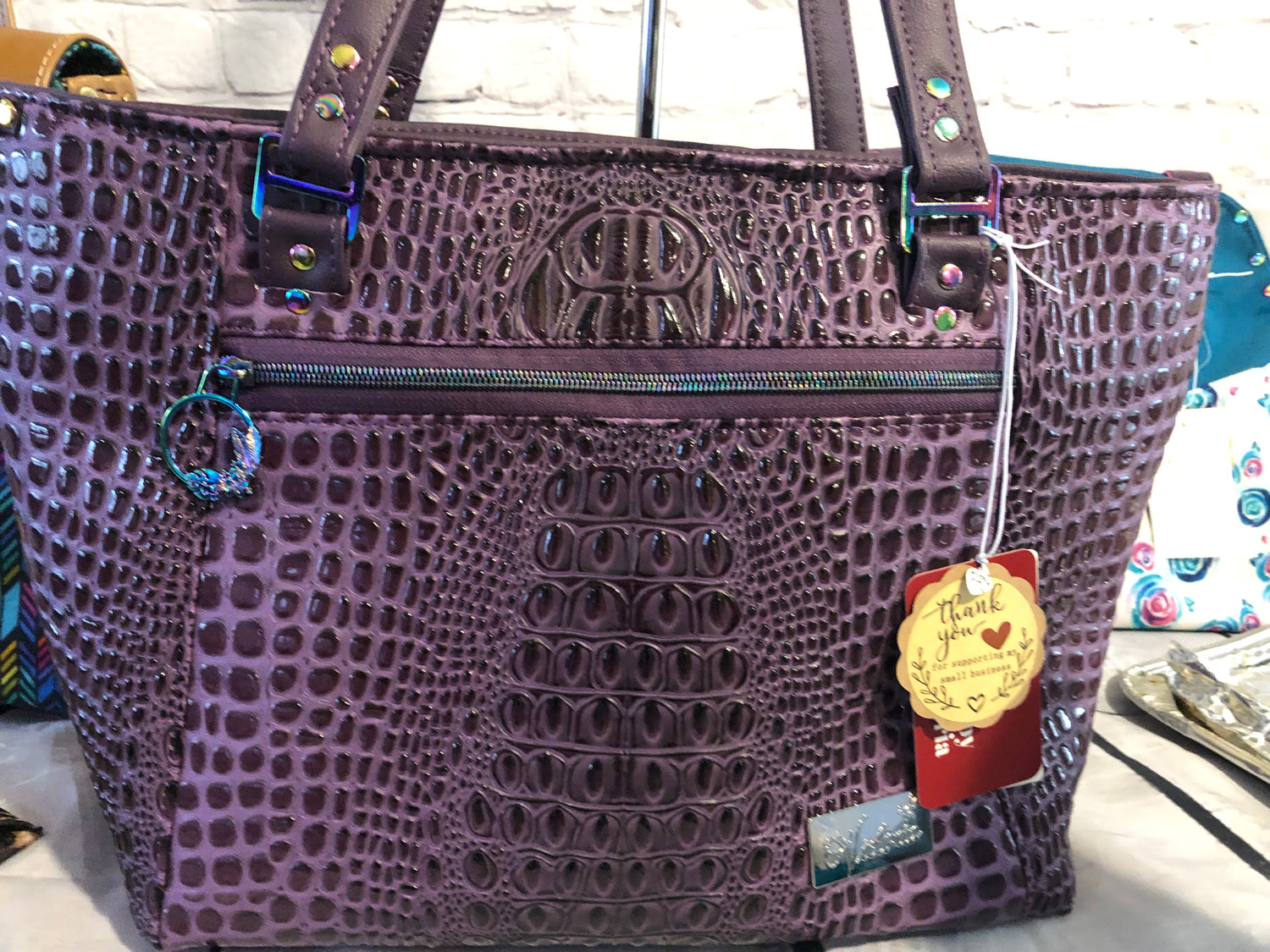 Everyday tote shoulder bag in purple crockadail. Rainbow hardware, recessed zipper.