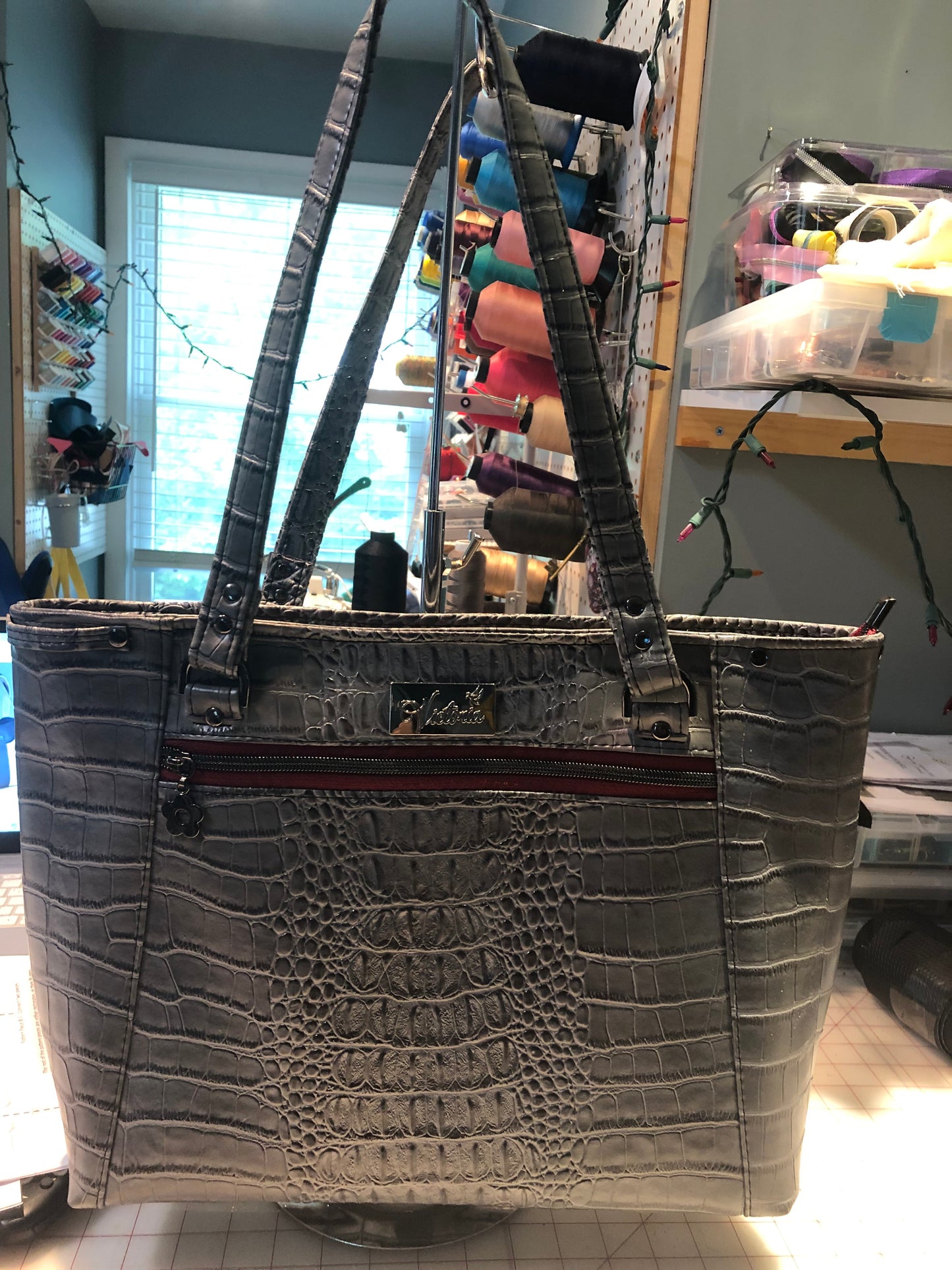 SOLD…..Gray crock tote bag