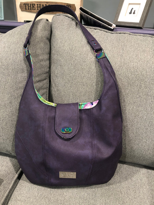 Purple vinyl Hobo bag, rainbow hardware