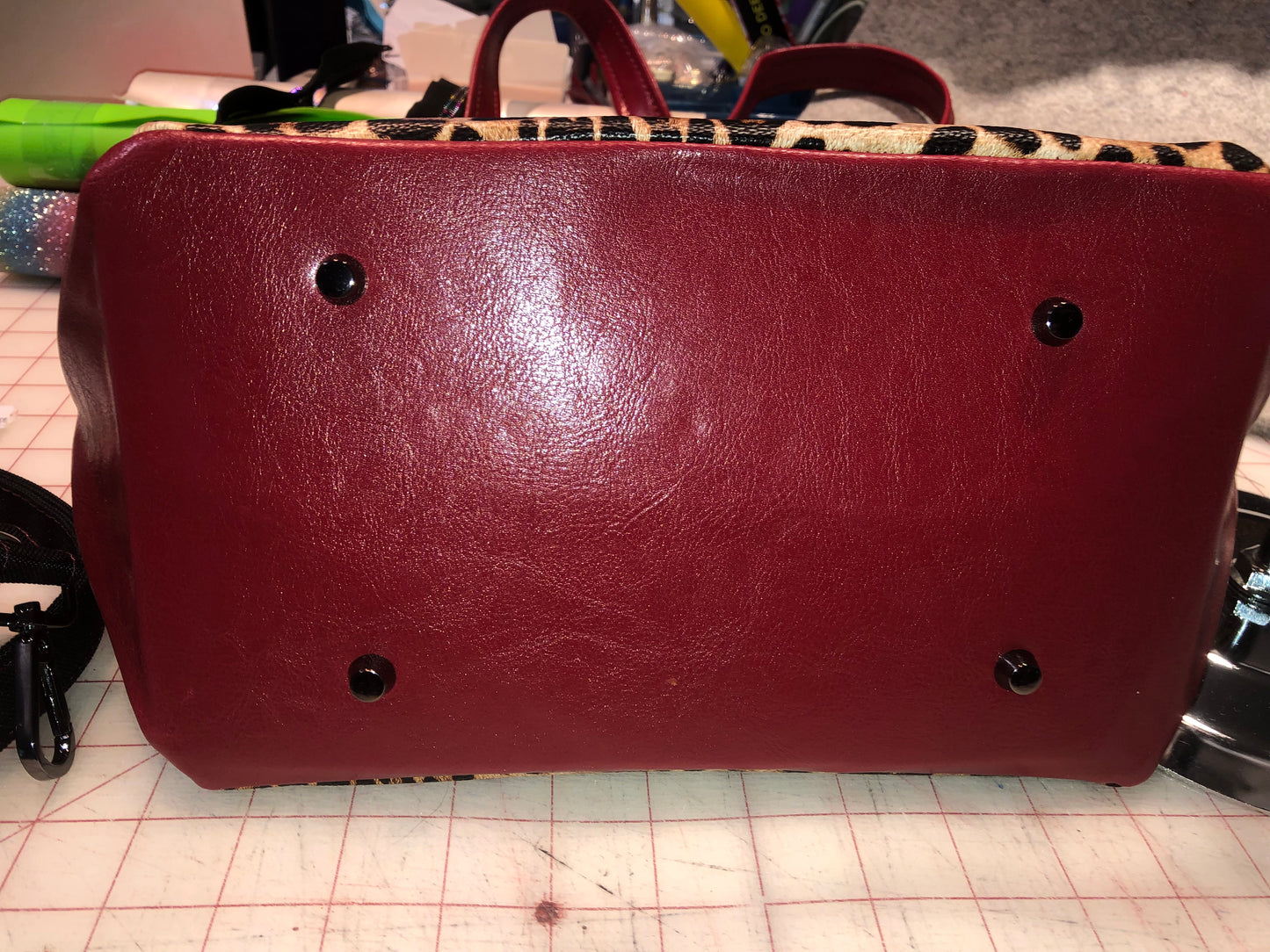 SOLD Classy Burgandy vinyl and animal print handbag/crossbody