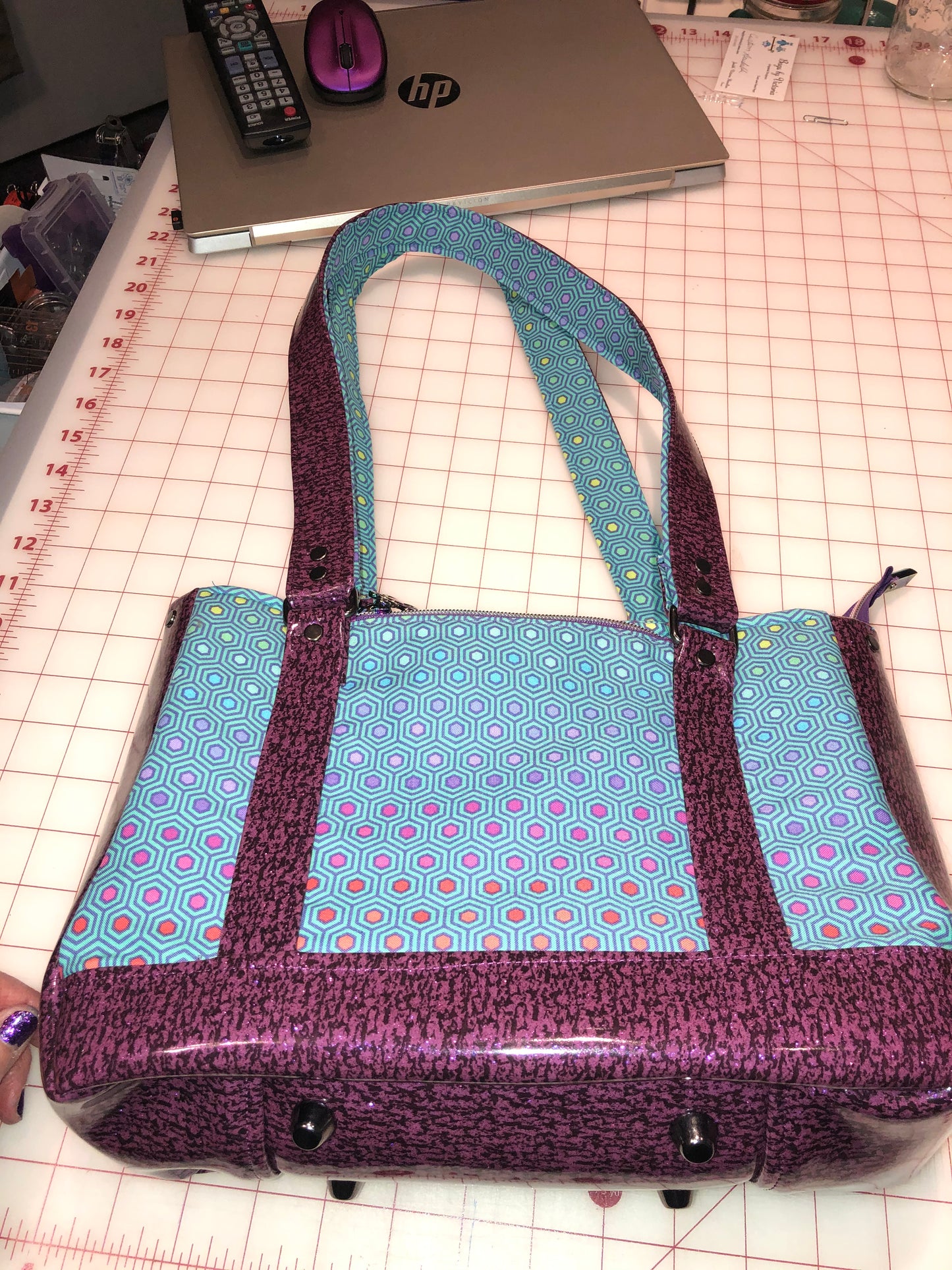 Purple vinyl, Tula Pink 9 pocket handbag