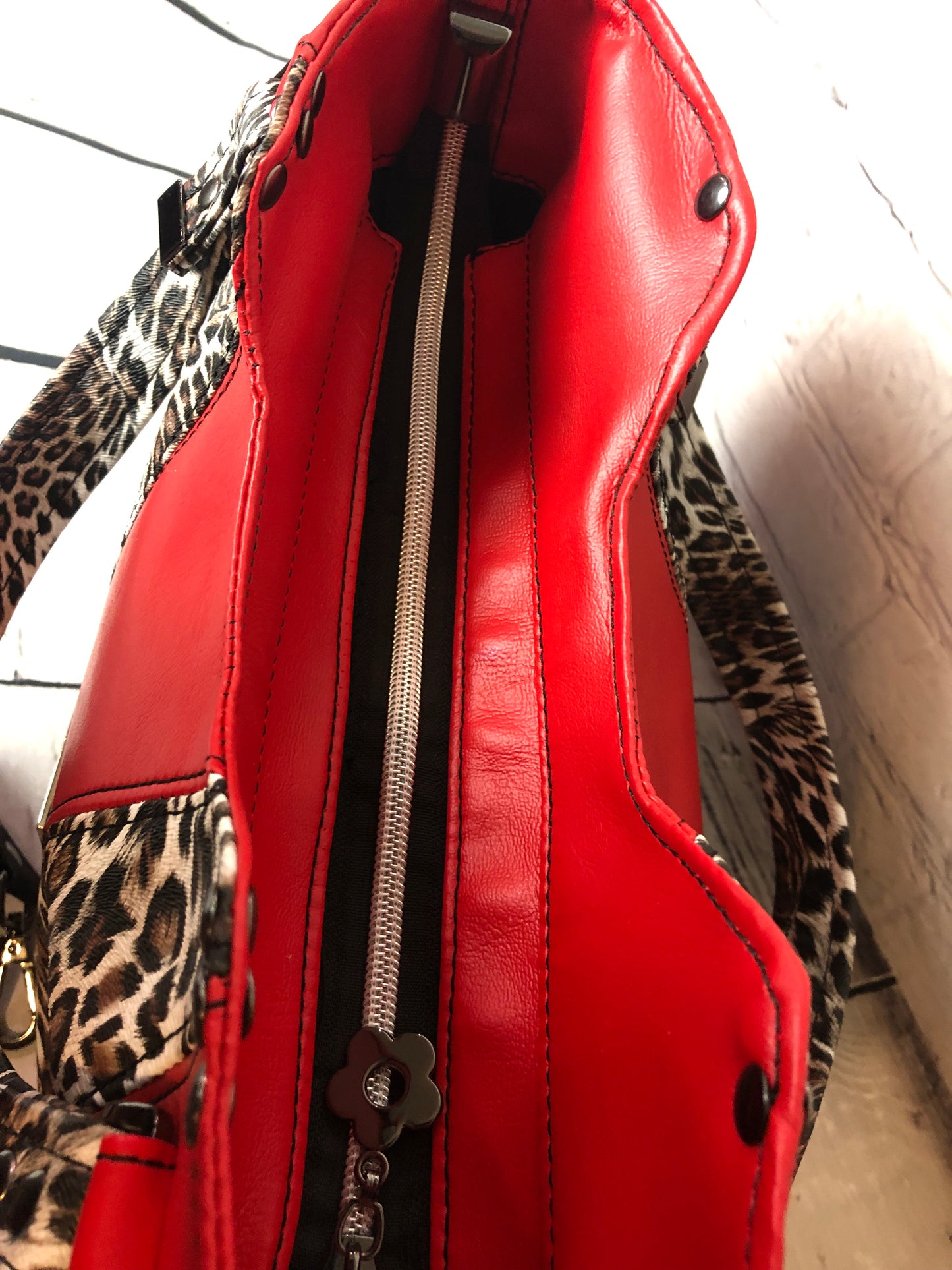 Red vinyl/animal print crossbody