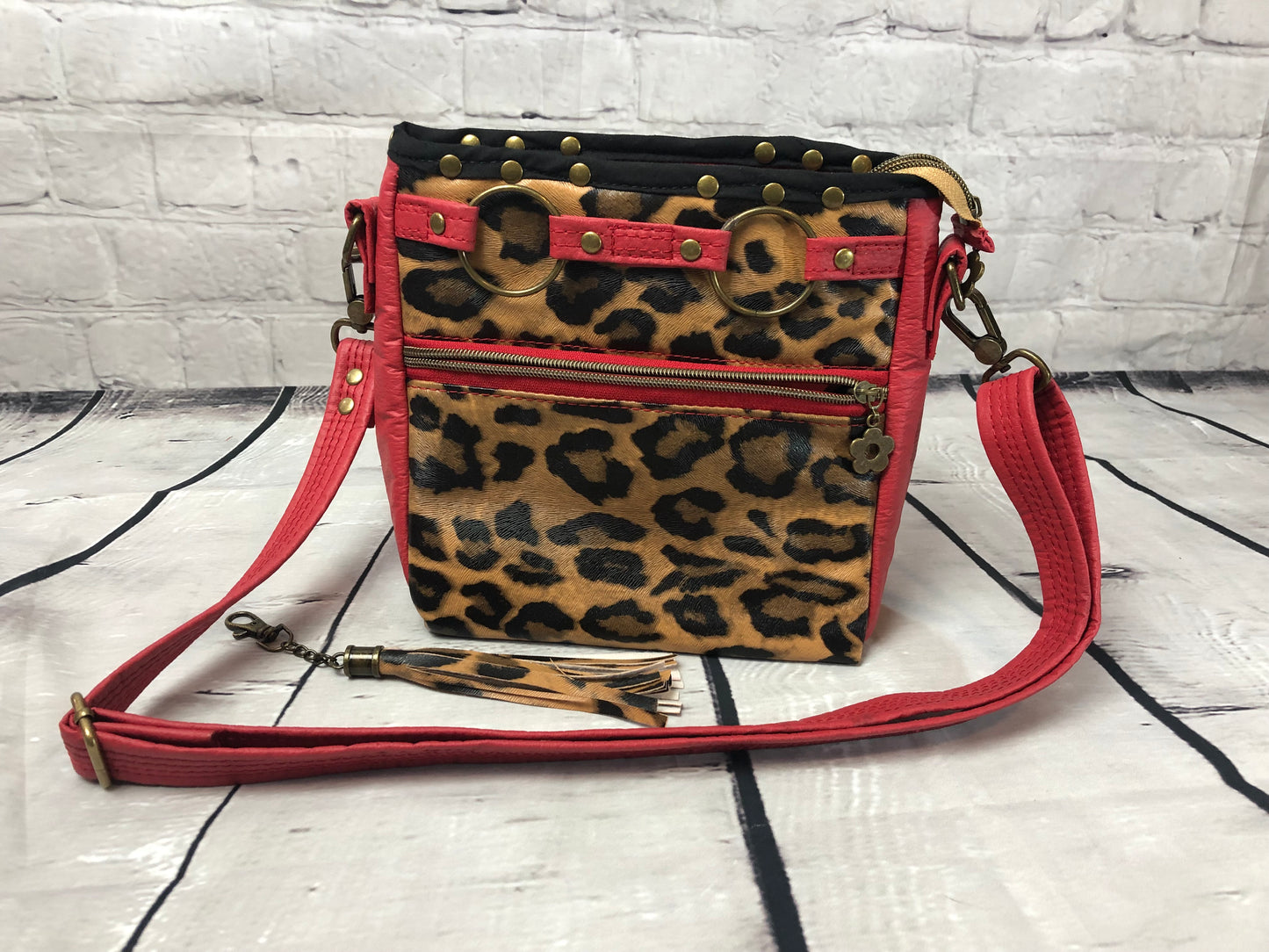 Red vinyl & animal print shoulder bag