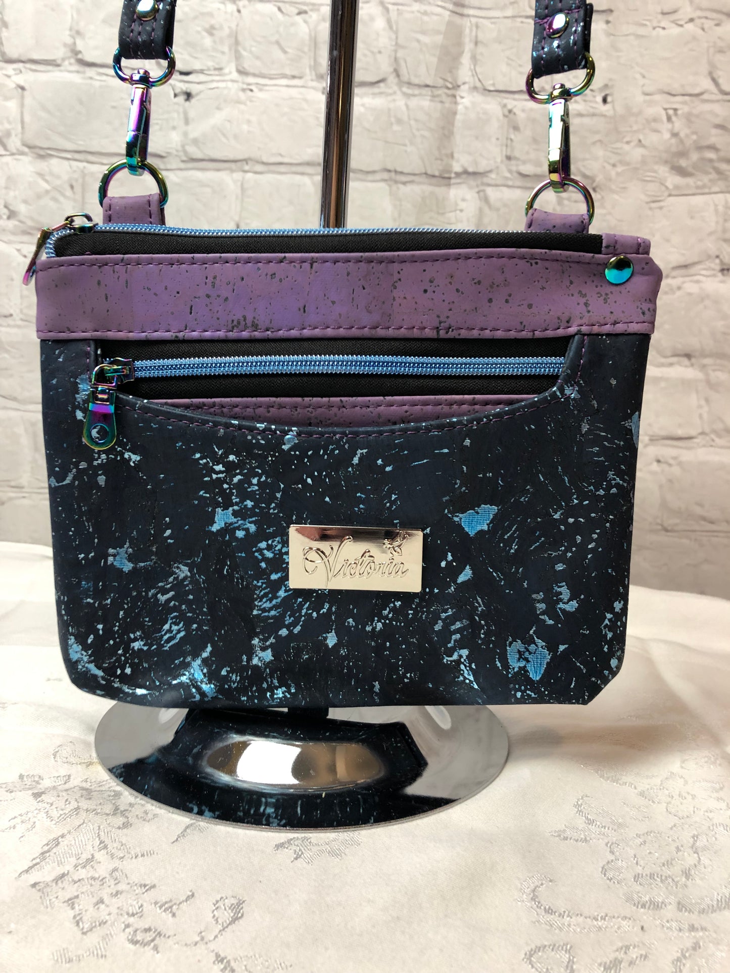 Blue and purple cork crossbody