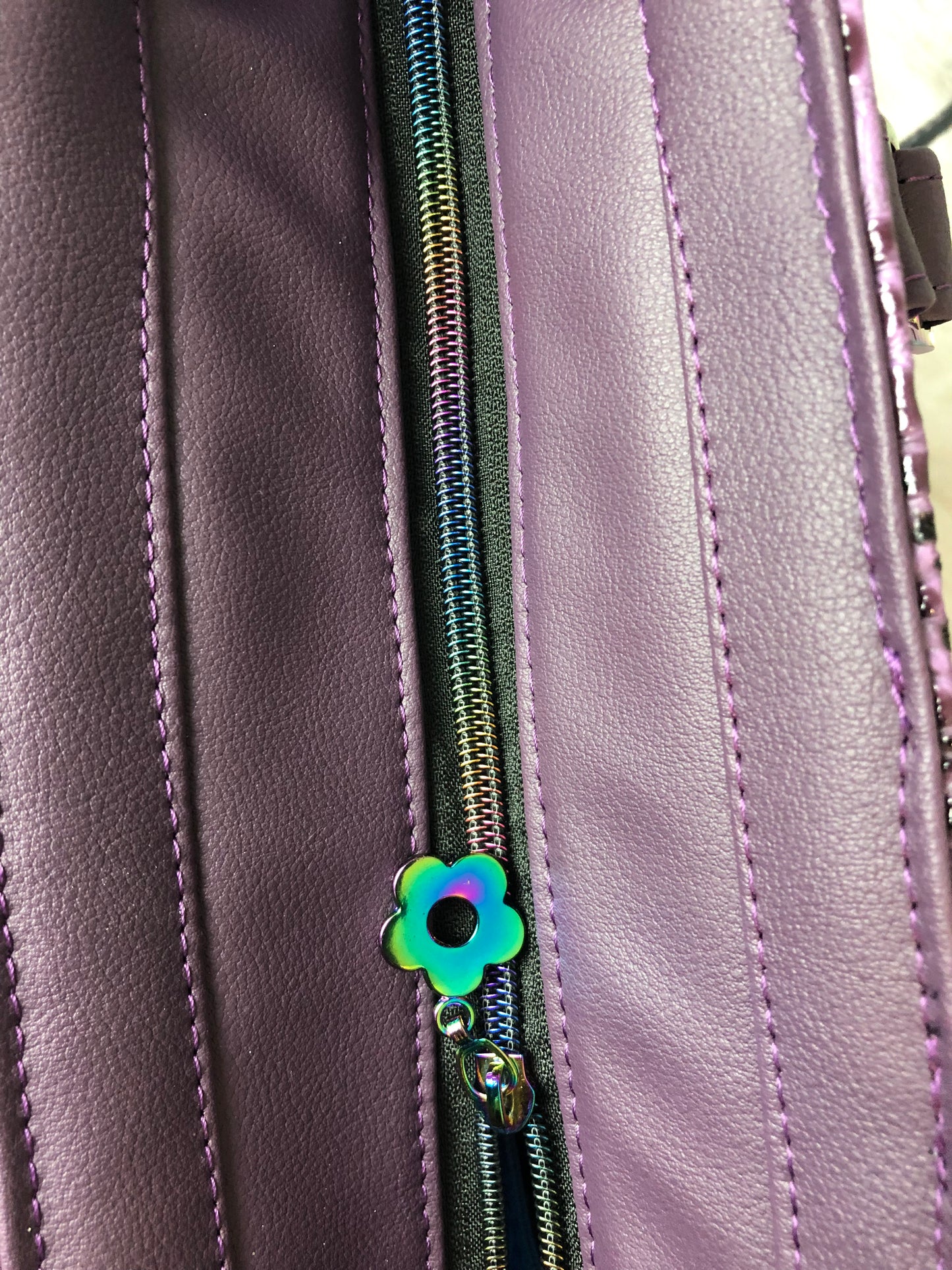 Everyday tote shoulder bag in purple crockadail. Rainbow hardware, recessed zipper.  Recessed zipper panel