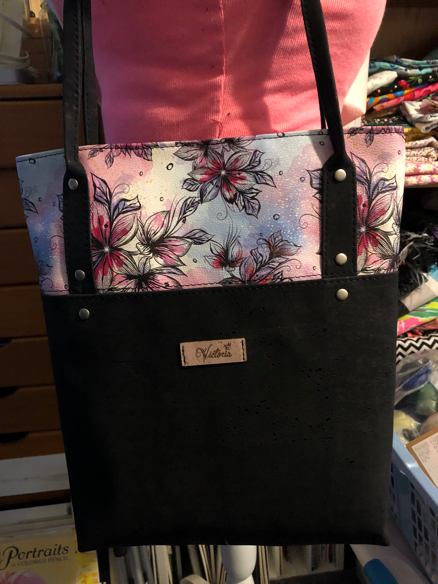 Cork tote with floral vinal top