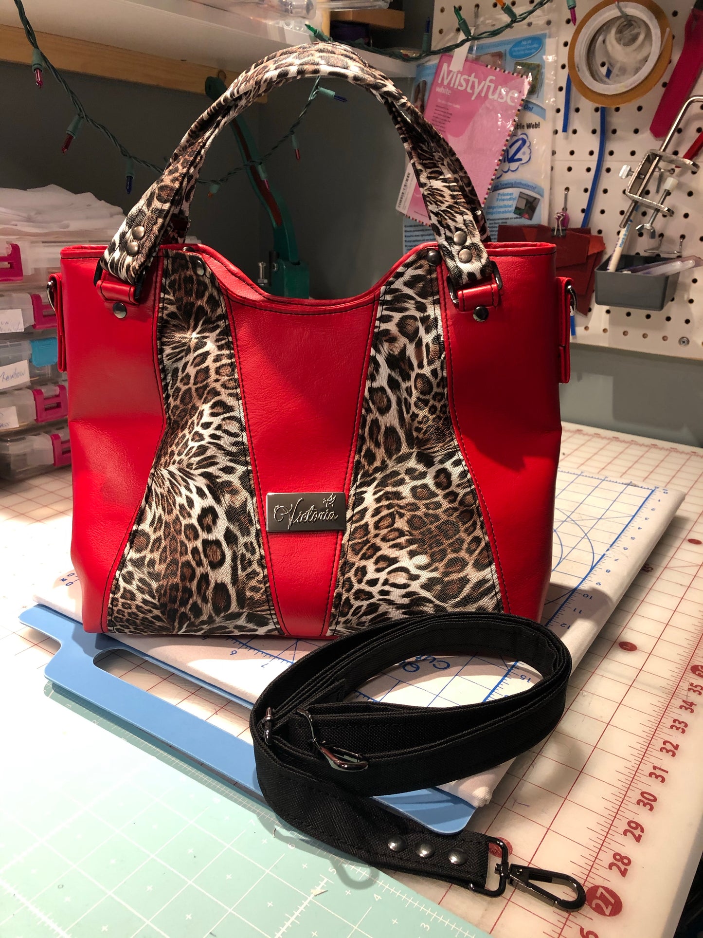 Red vinyl/animal print crossbody