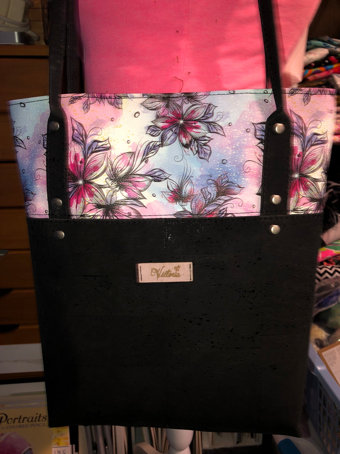 Cork tote with floral vinal top