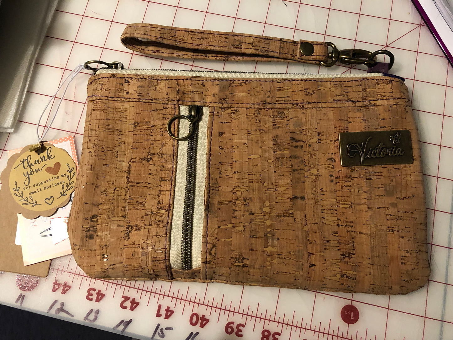 Natural cork zipper clutch/wristlet.