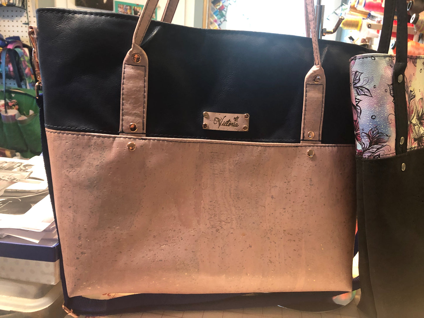 Cork tote in rose gold and navy vinyl