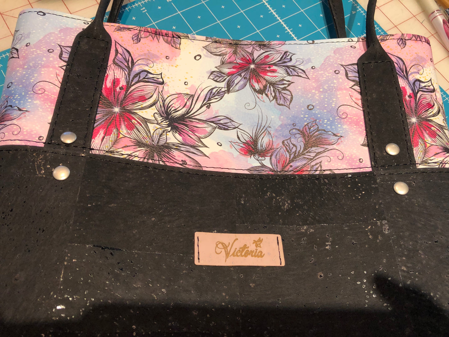 Cork tote with floral vinal top