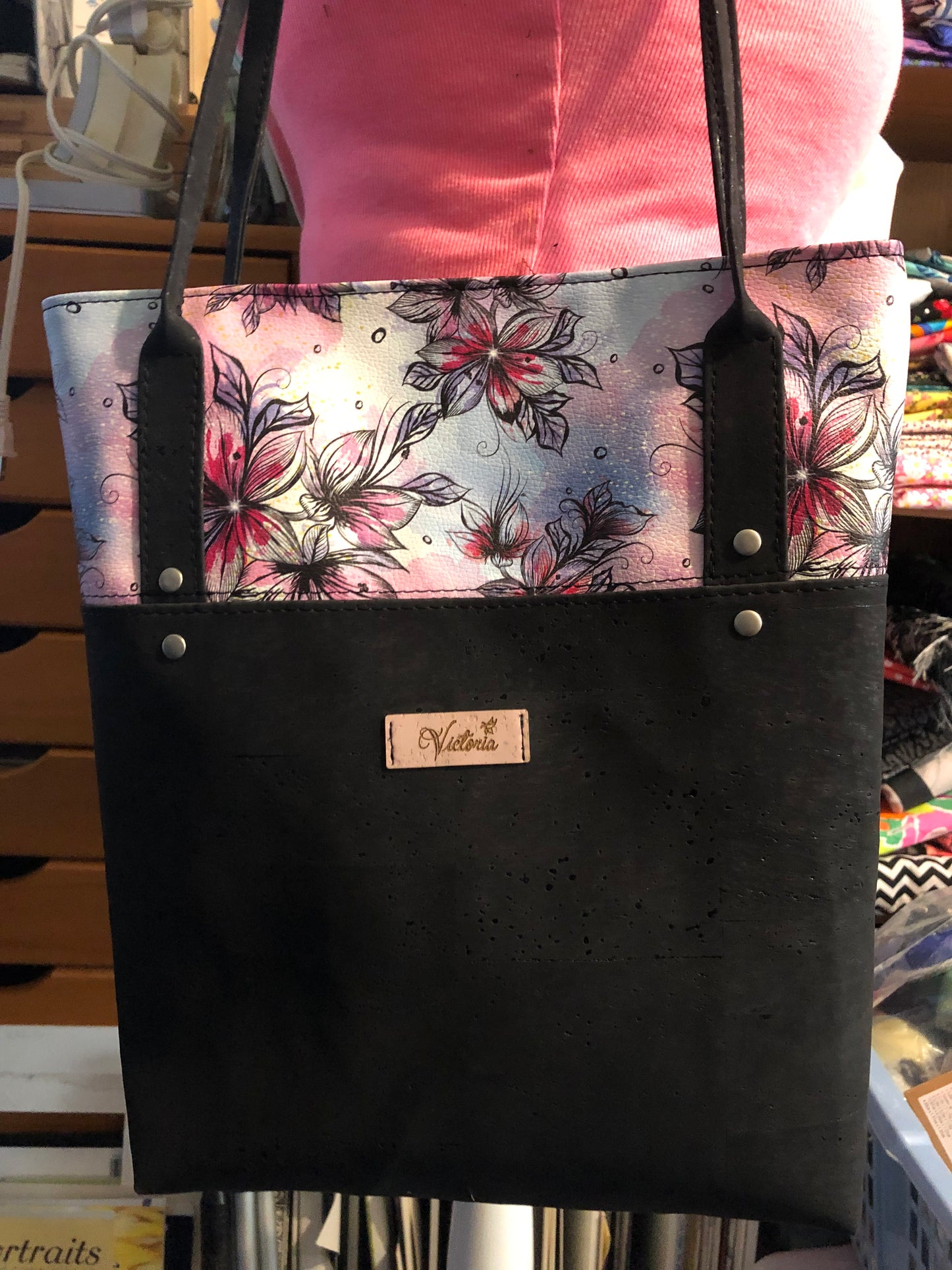 Cork tote with floral vinal top