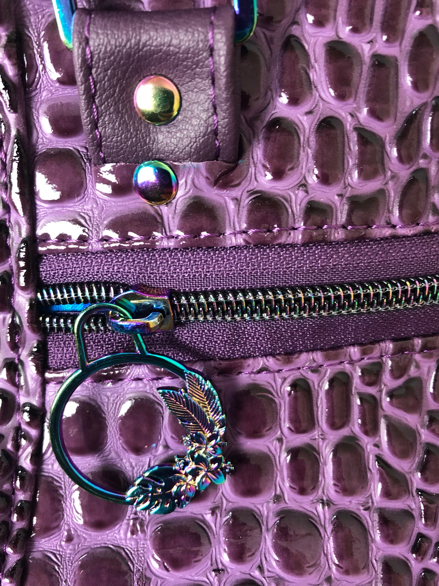 Everyday tote shoulder bag in purple crockadail. Rainbow hardware, recessed zipper. Pretty rainbow zipper pull